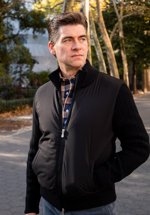 Nylon Front Full Zip Sweater
