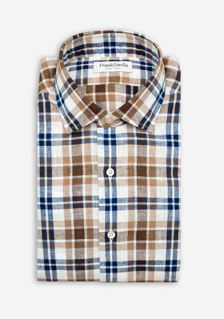 Brown Plaid Linen Sport Shirt