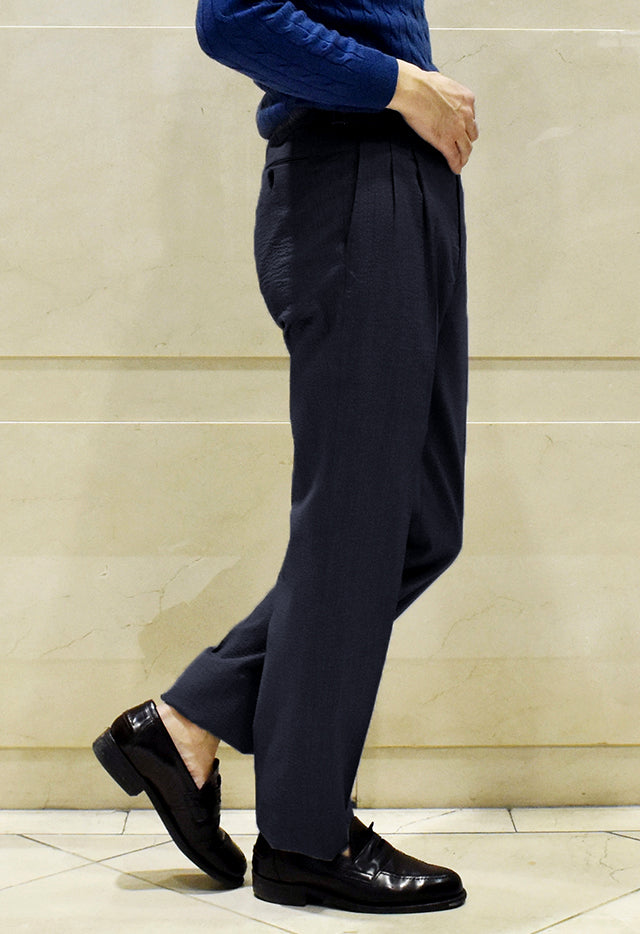 Tropical Wool Seersucker Pleated Trouser 32 / Navy