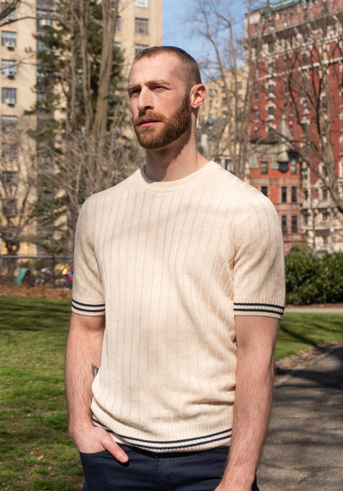 Cotton/Linen Ribbed Knit T-Shirt