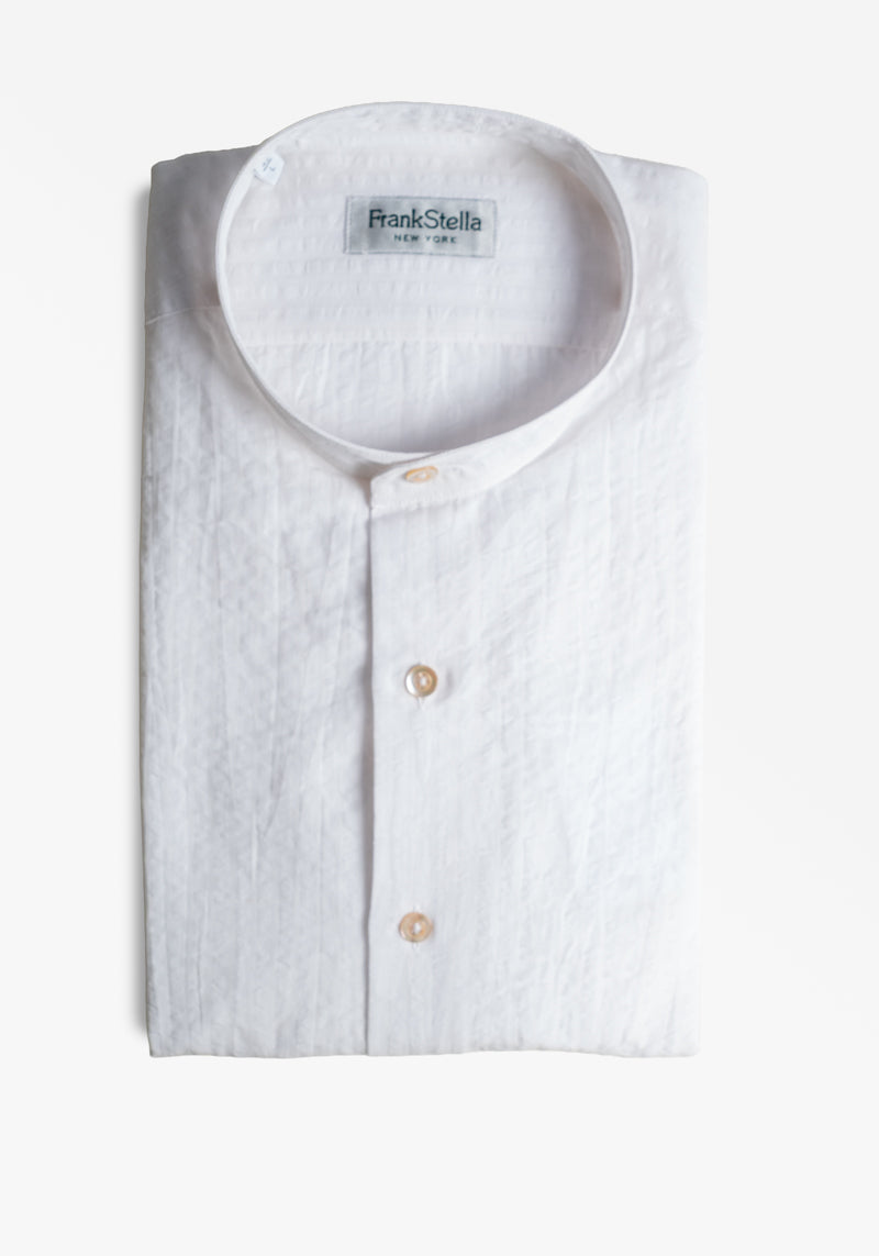 White Seersucker Stand Collar Shirt