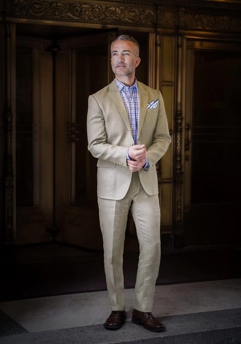 linen suit dress John Henric - Light Blue & Sand Linen Suit